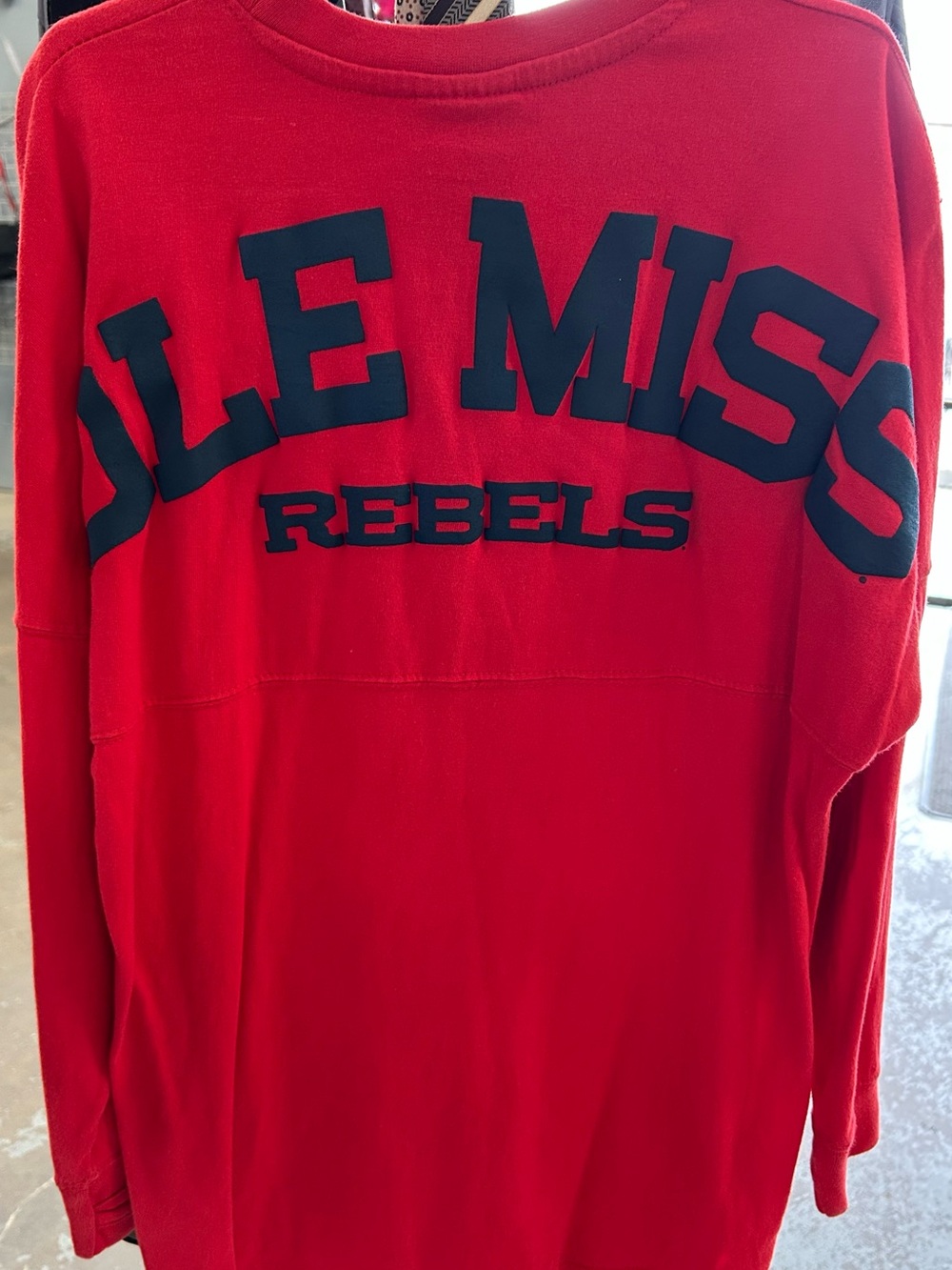 Pressbox Female Youth Ole Miss Long Sleeve Red Crewneck Shirt with Navy Script - Picture 6 of 7